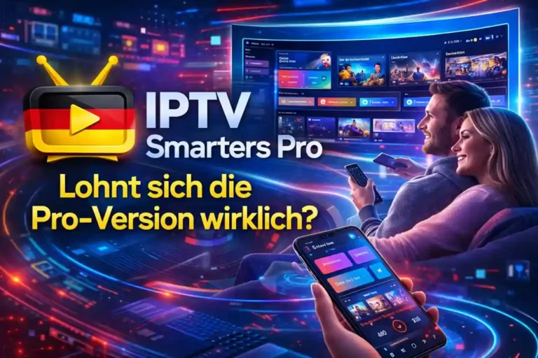 Modernes Benutzerinterface der IPTV Smarters Pro App auf einem deutschen Smart TV mit übersichtlicher Kategorisierung für Live-TV und Filme