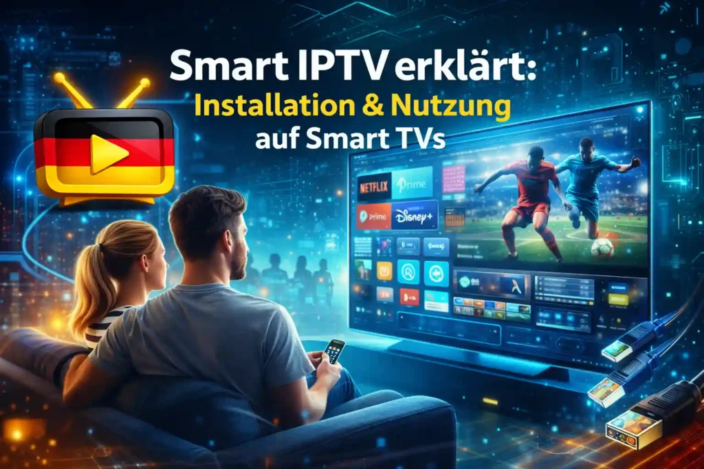 Ein Smart TV zeigt das Interface der Smart IPTV App zur Installation von Senderlisten in einem deutschen Wohnzimmer